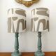 Pair of wooden lamps with custom modernist lampshades.