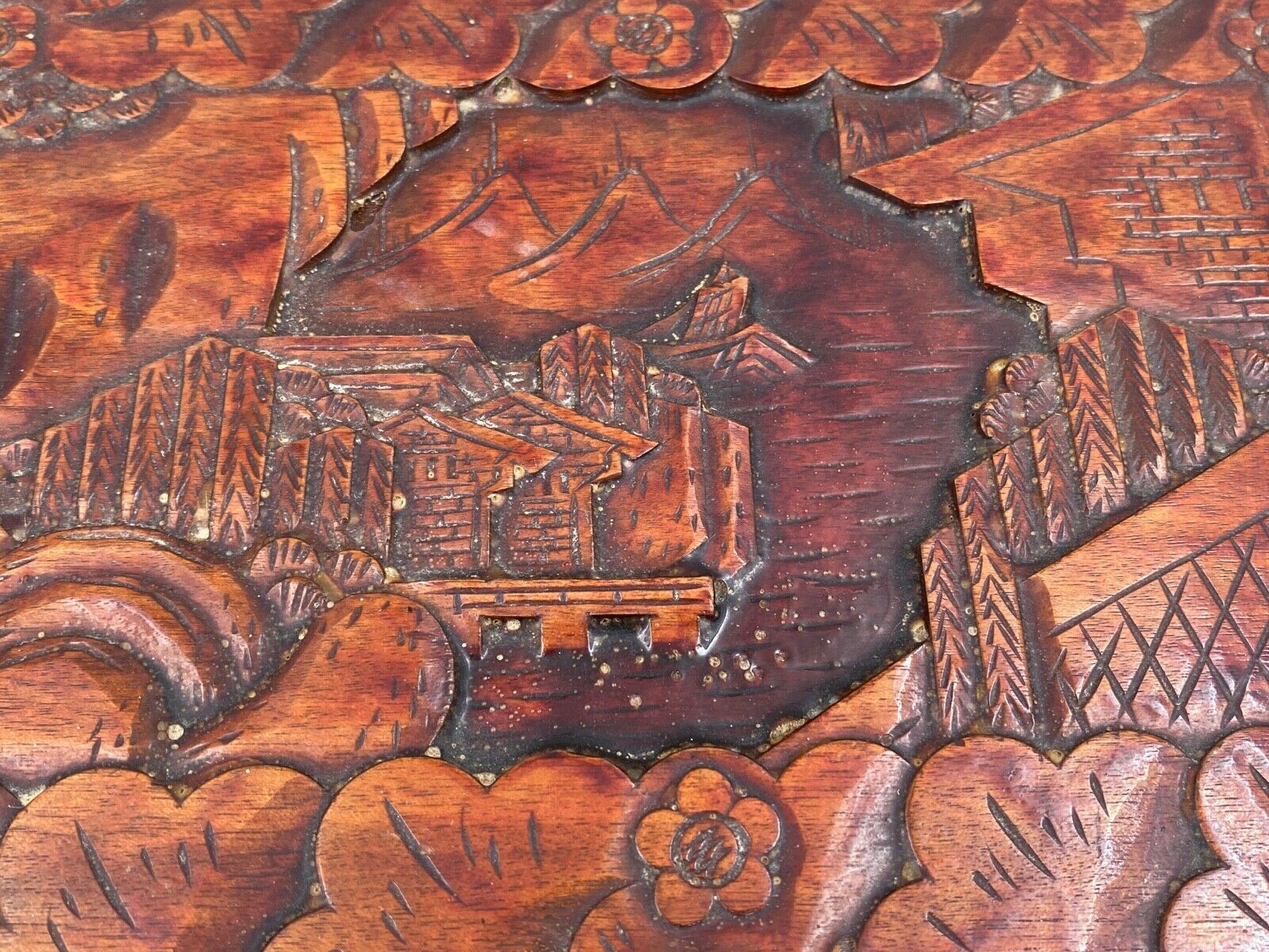 Wooden box carved china pagoda decoration