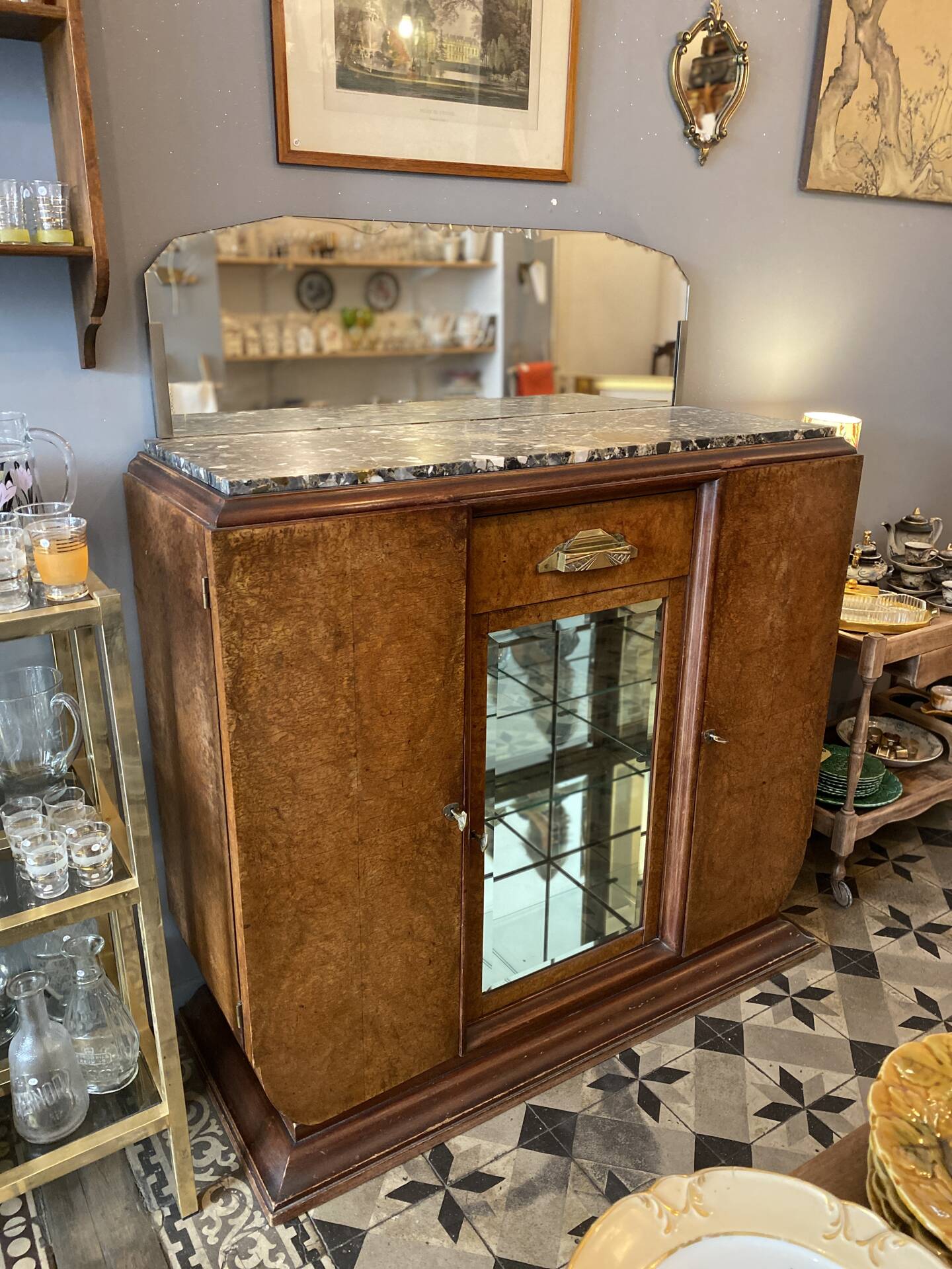 Art Deco wooden sideboard with mirror and marble