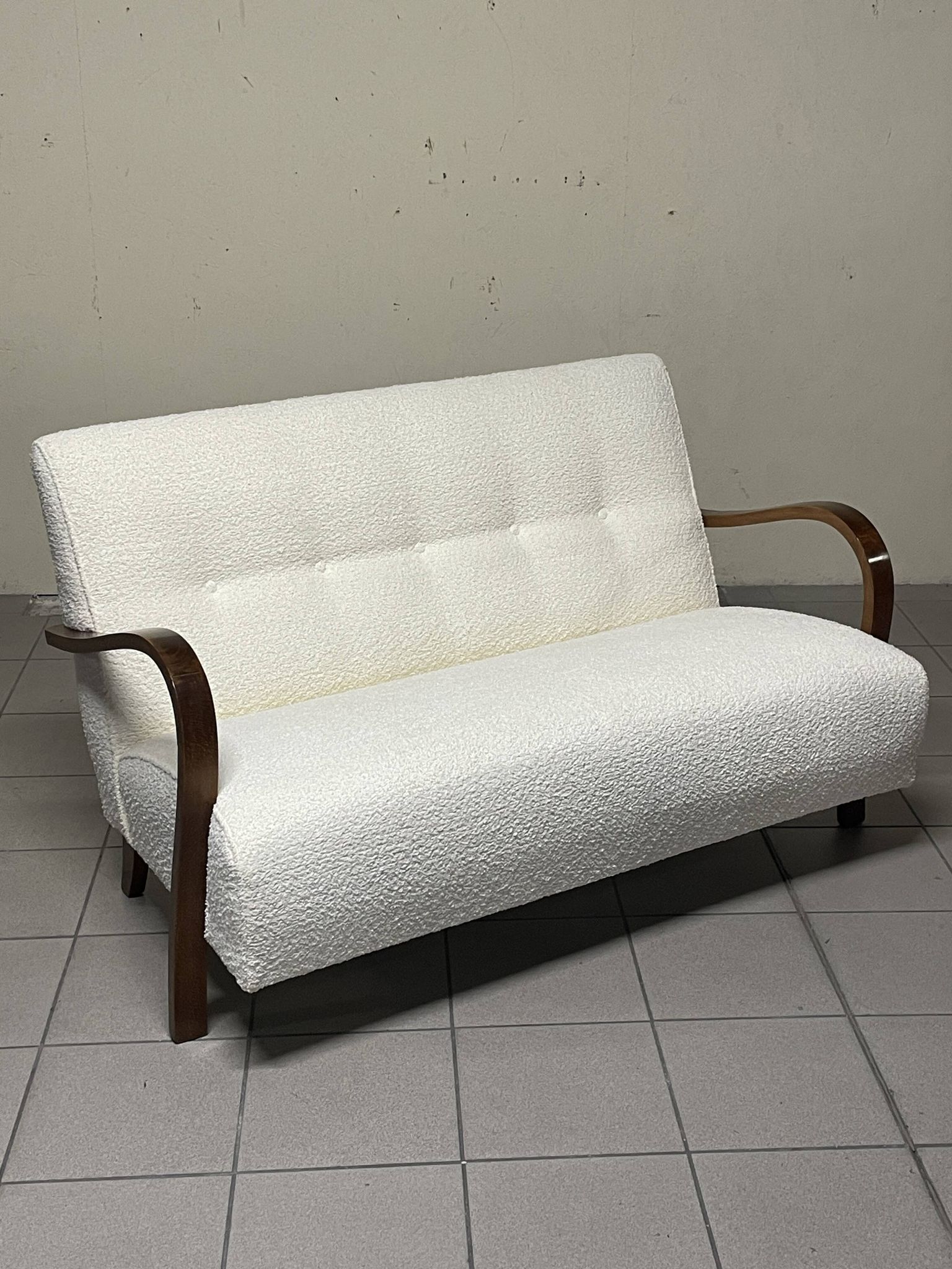 1940s Sofa in Wood and Boucle Fabric, Italian Production