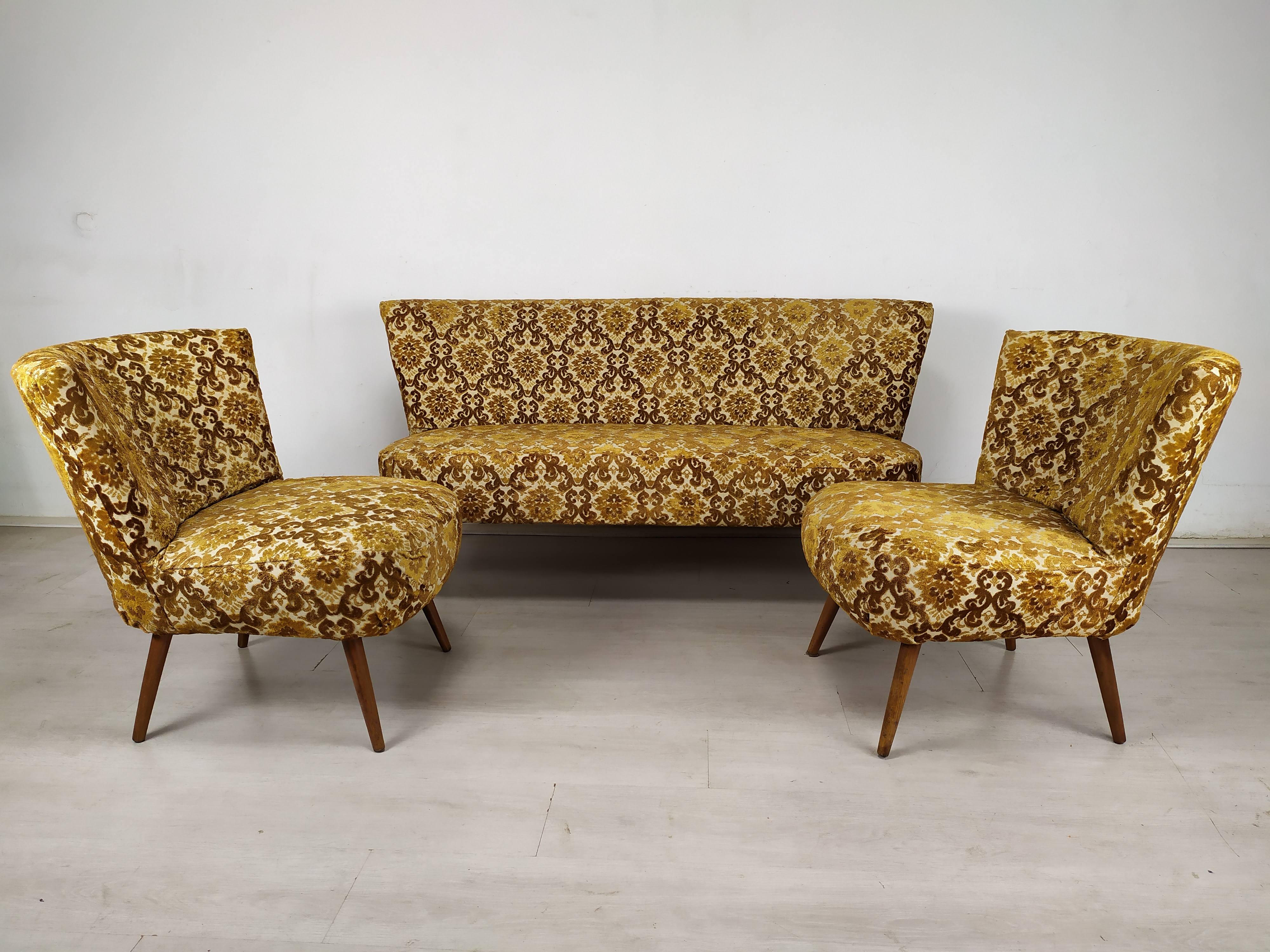 Bench and 2 vintage cocktail armchairs