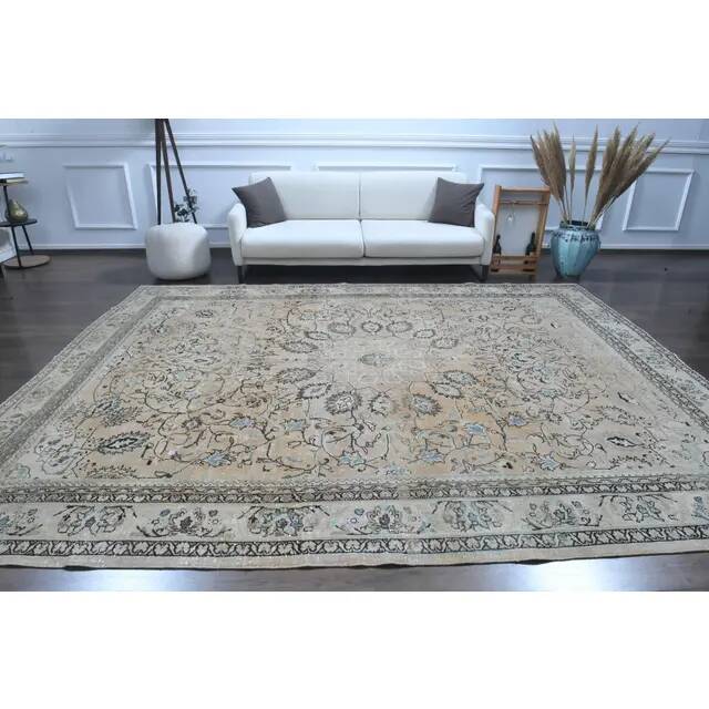 1970s Vintage Persian Handmade Wool Cotton Light Brown Area Rug 276x356