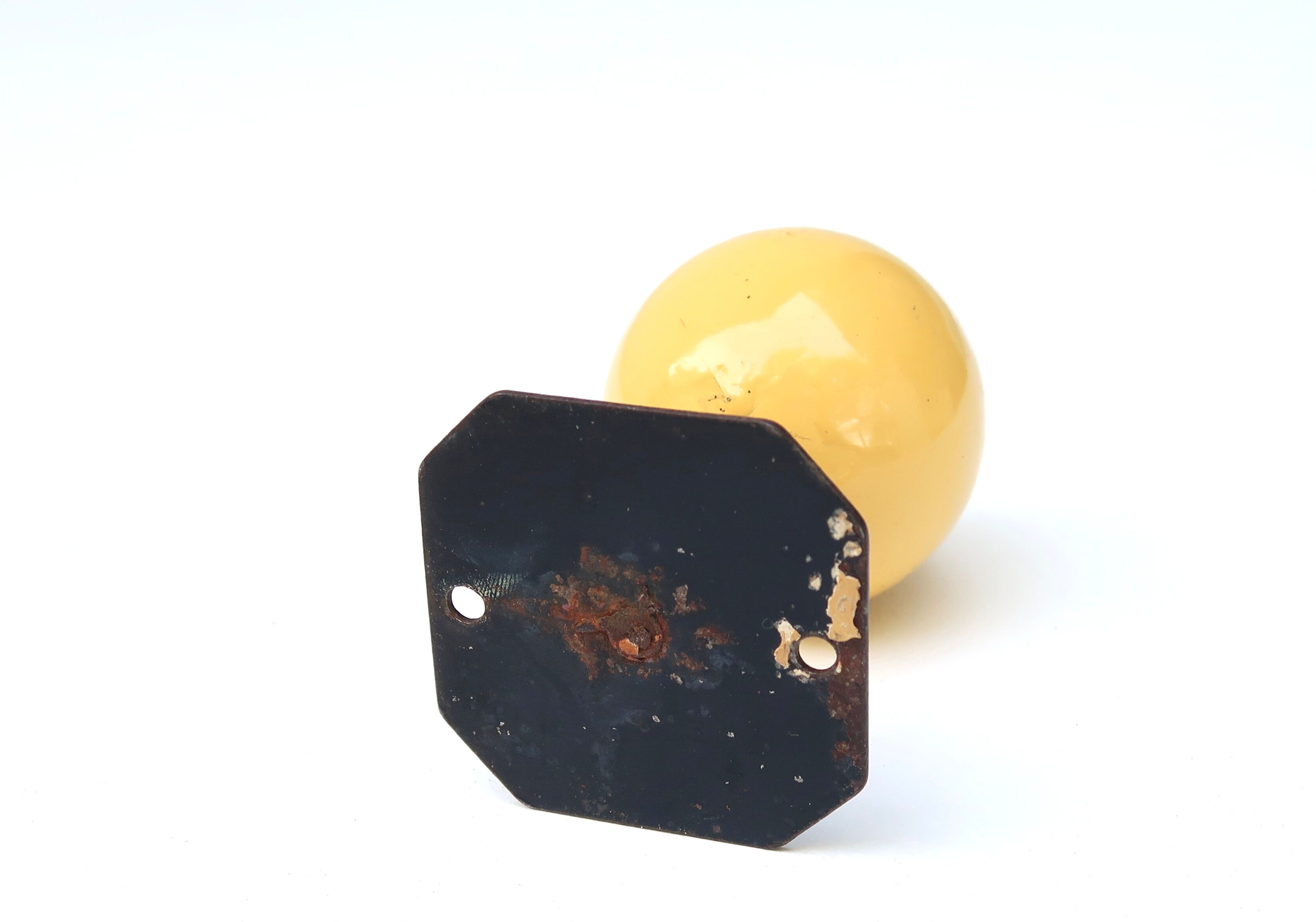 Metal hook, yellow wood ball, 50s