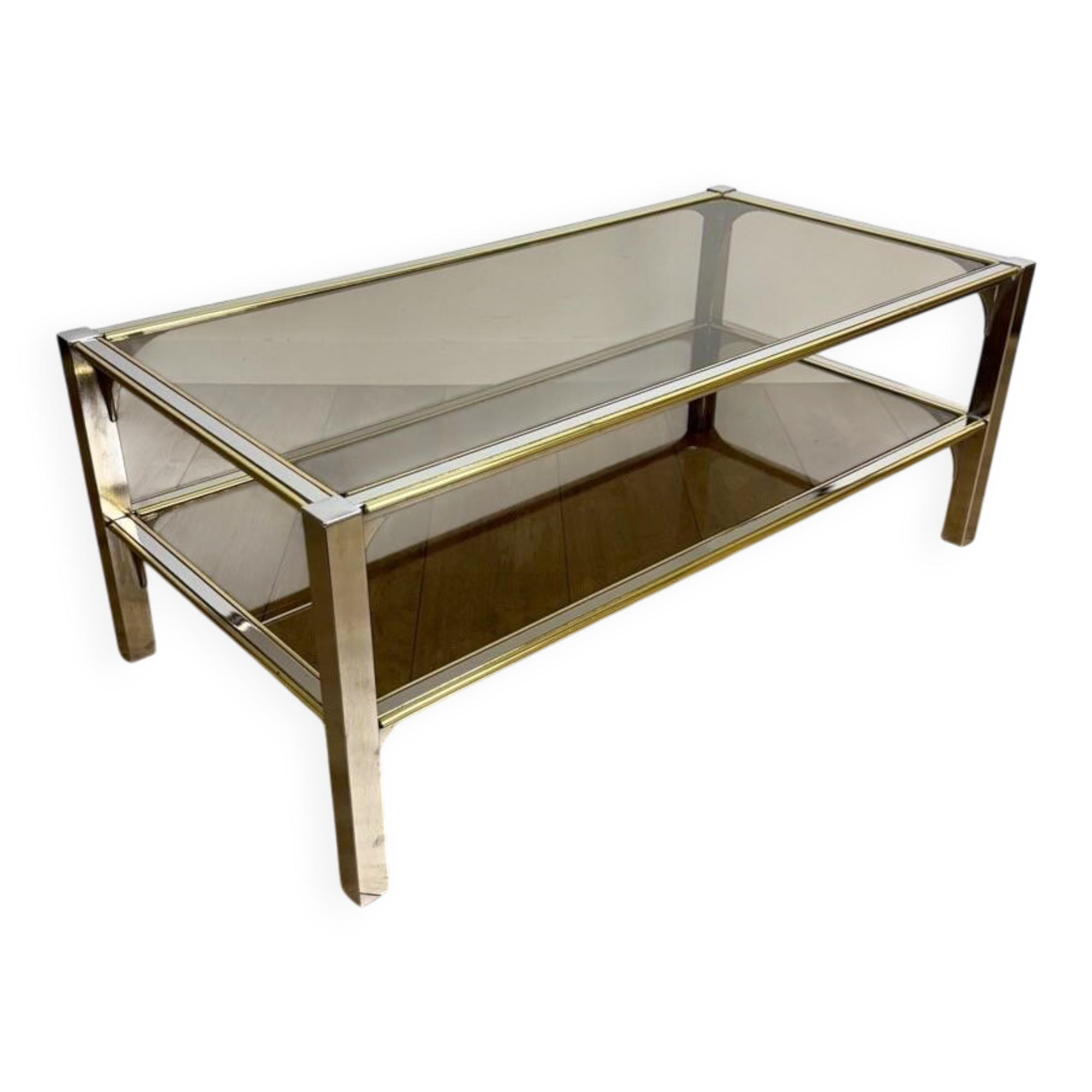Chrome and smoked glass coffee table with double top from the 1970s.