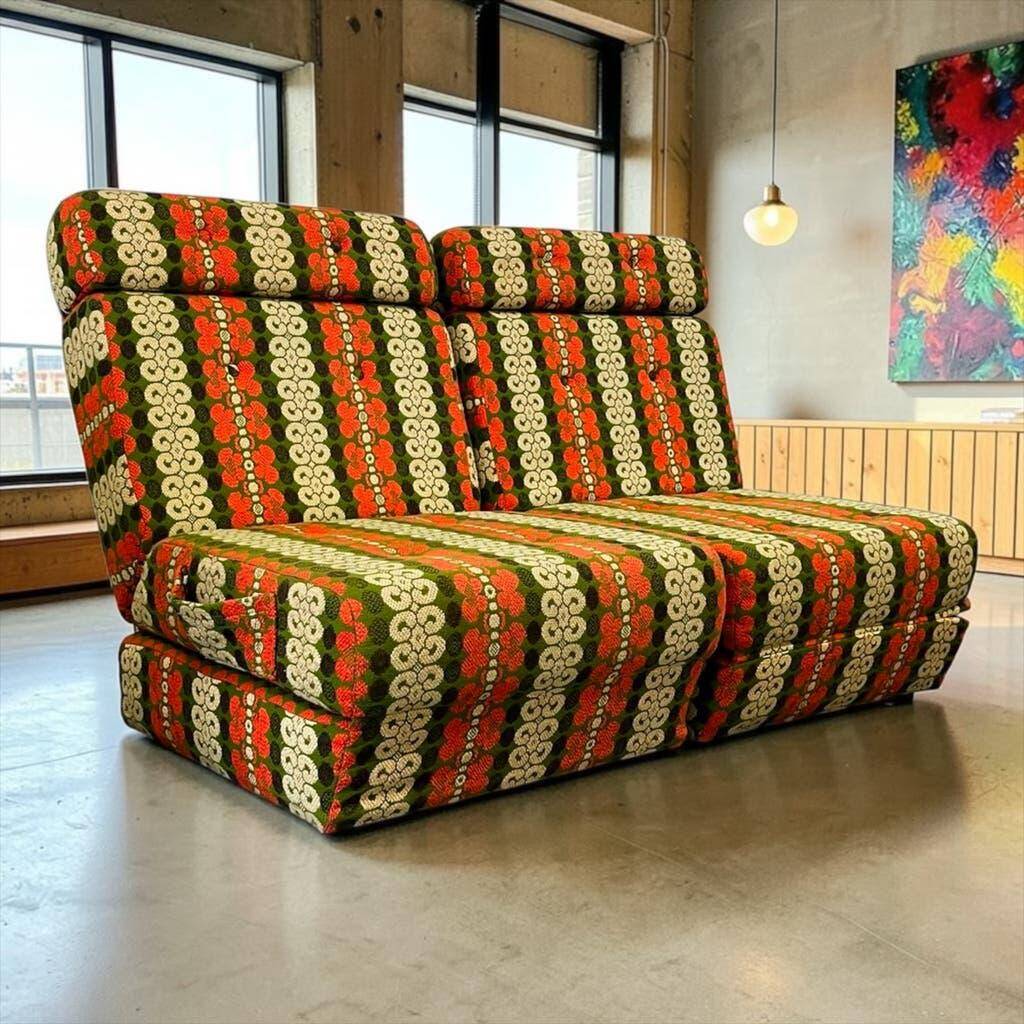 Ensemble de 2 fauteuils/canapés-lits vintage vert orange