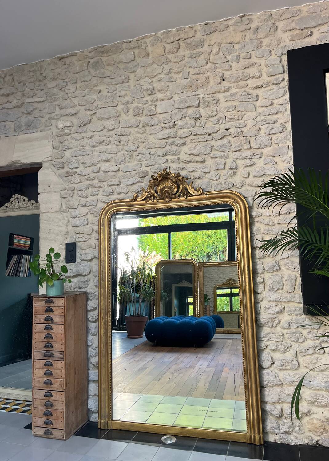 Antique Louis-Philippe mirror with pediment and gilt beading