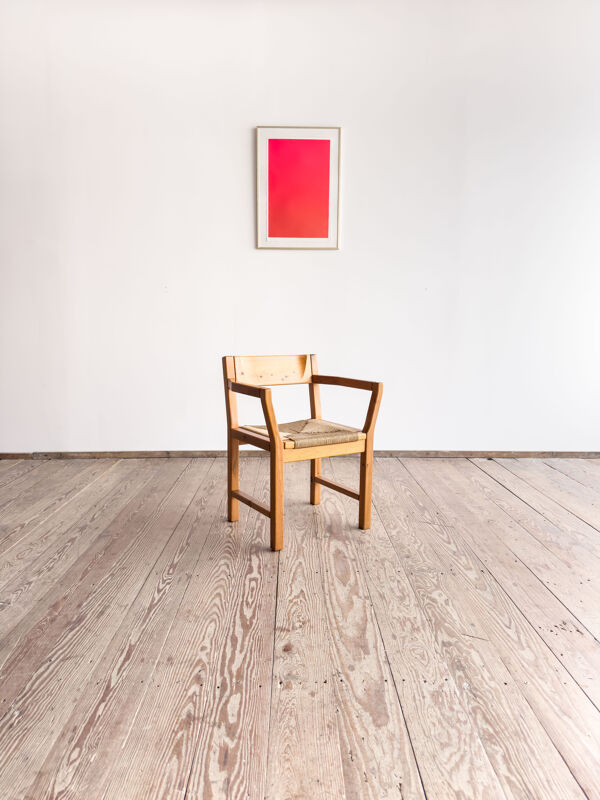 Fauteuil brutaliste Tage Poulsen, pin, assise tressée cordelette papier