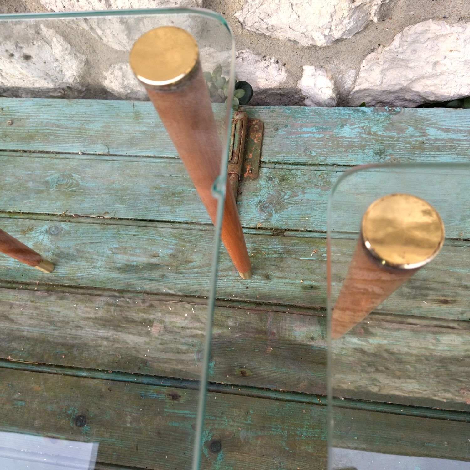 Nesting tables 50s in glass wood and brass