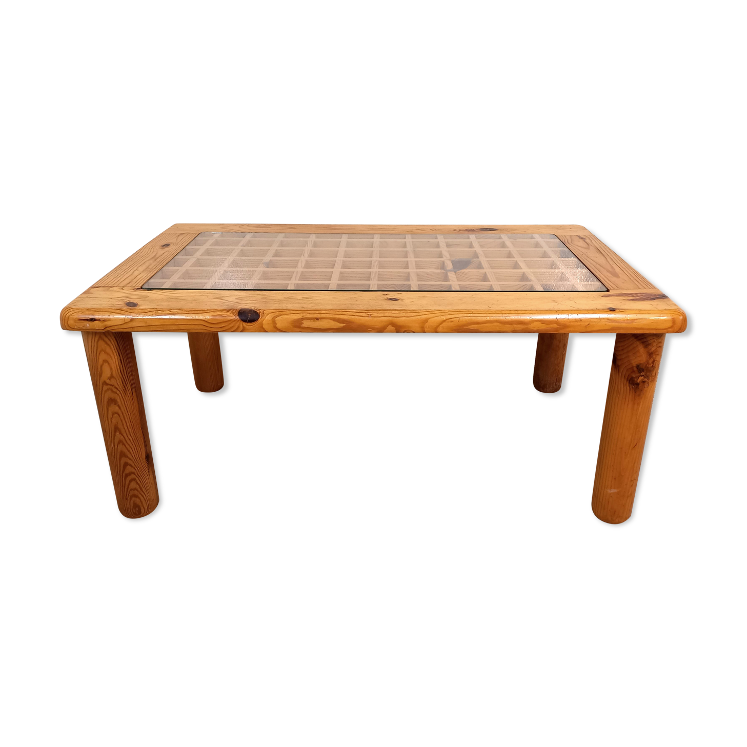 Vintage modernist coffee table in pine and glass 70s 80s