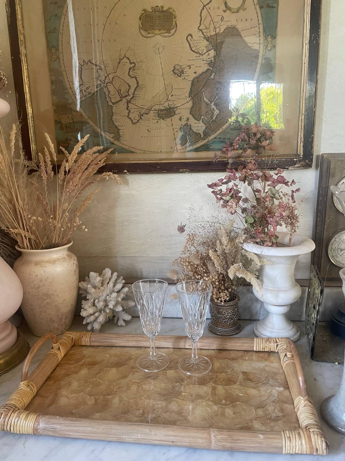 Vintage mother-of-pearl and rattan tray