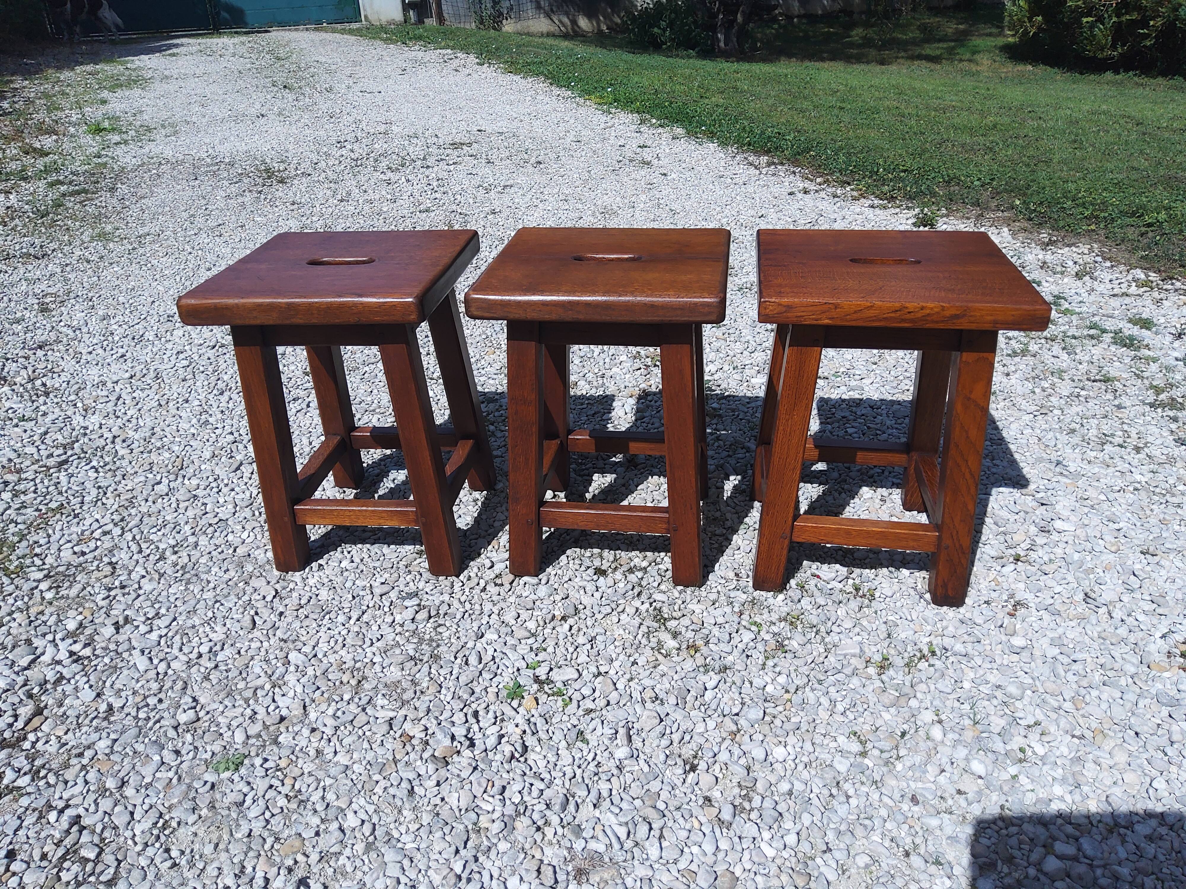3 solid oak stools, 1980s