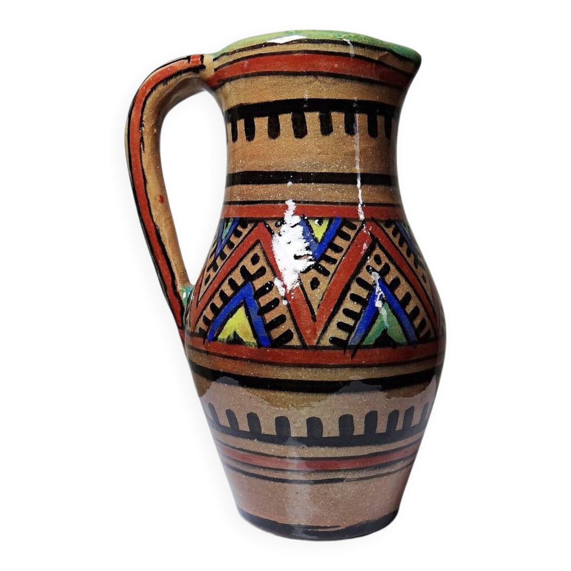 Small Moroccan jug in glazed terracotta, signed, Berber decoration, 20th century.
