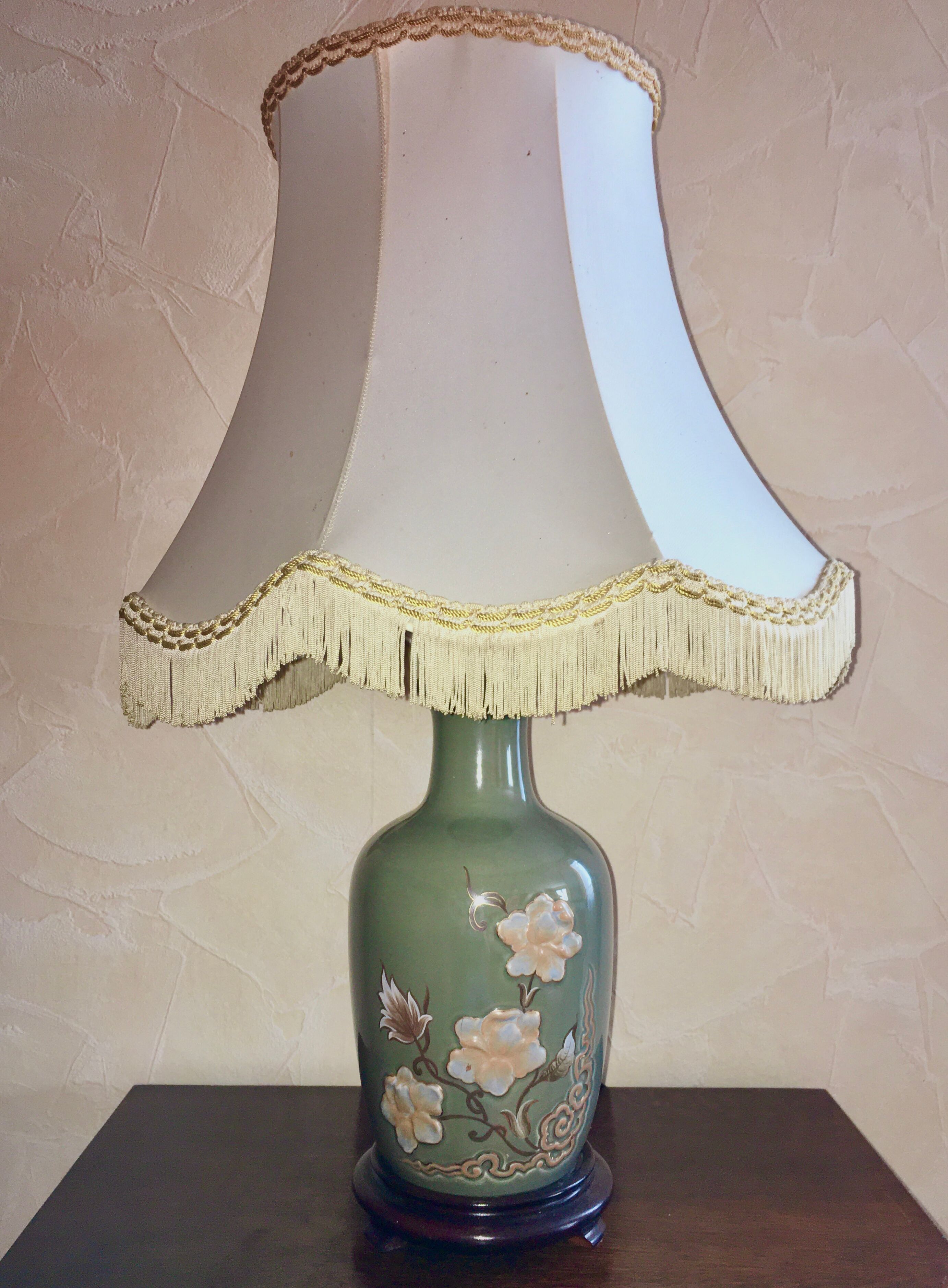 Vintage celadon porcelain lamp with flowers