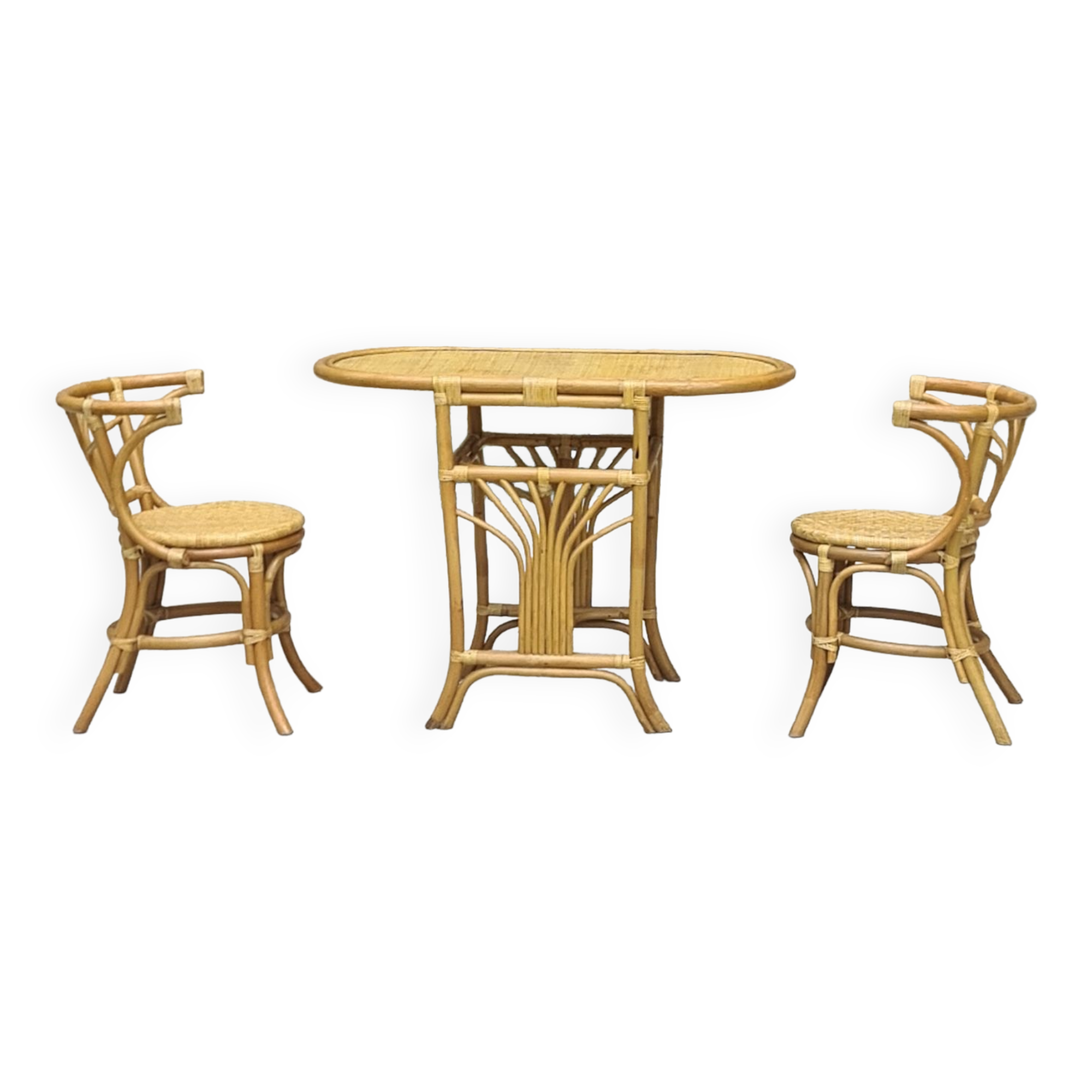 Table and chairs bistrot head to head rattan bamboo 1970
