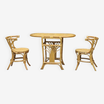 Table et chaises bistrot tête à tête rotin bambou 1970