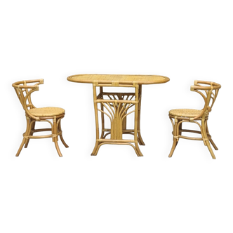 Table et chaises bistrot tête à tête rotin bambou 1970