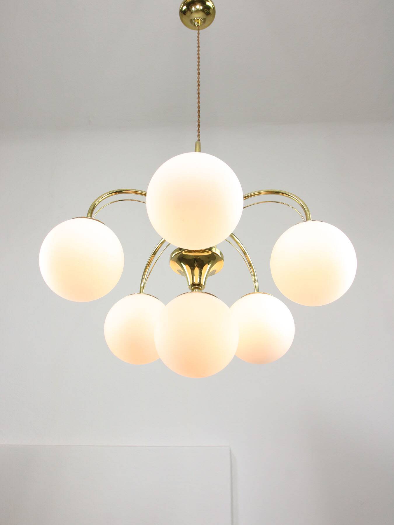 Vintage Golden & Opaline Glass 5-Arm Chandelier, 70s