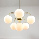 Vintage Golden & Opaline Glass 5-Arm Chandelier, 70s