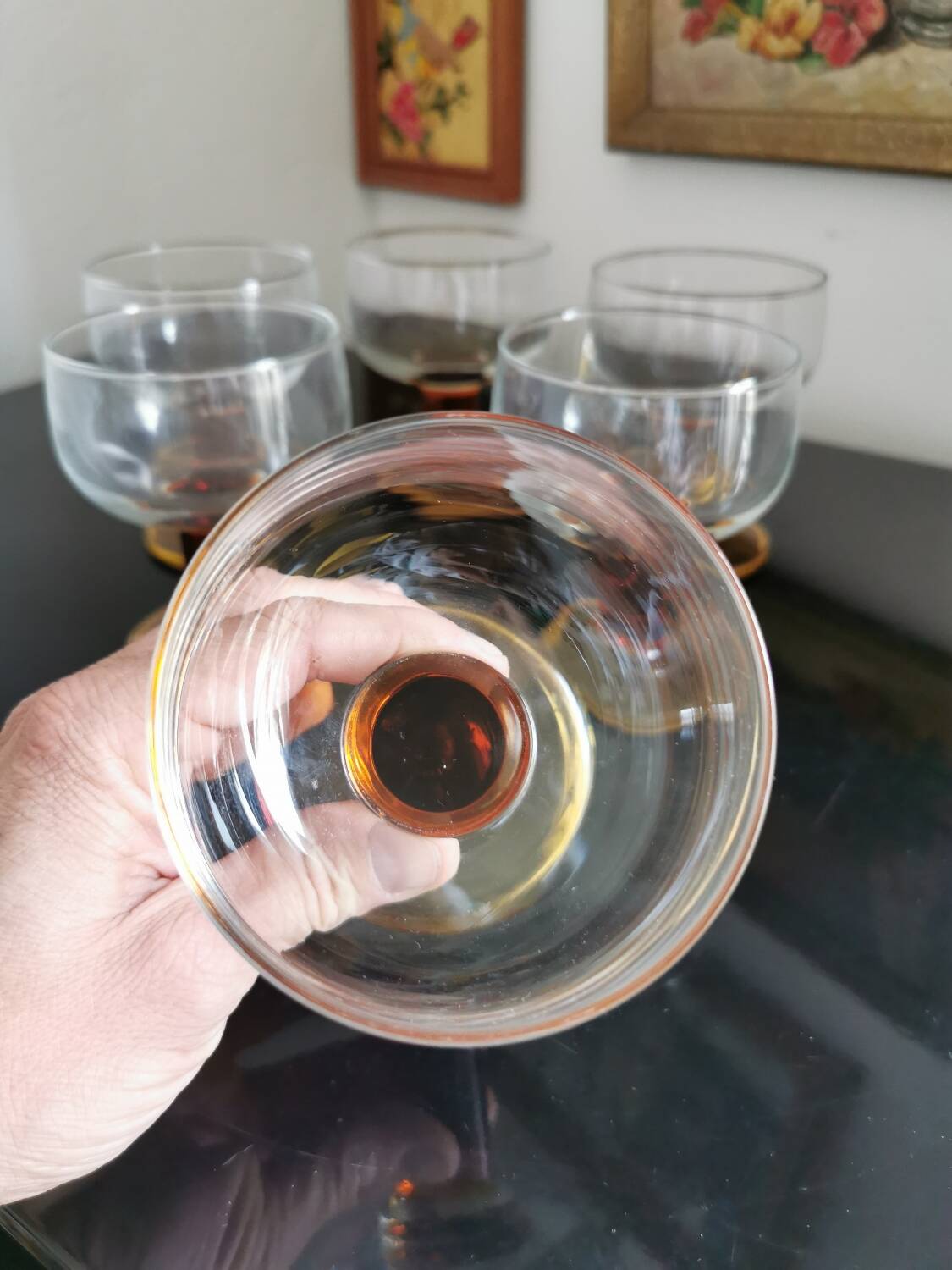 Set of 6 amber stemmed glasses