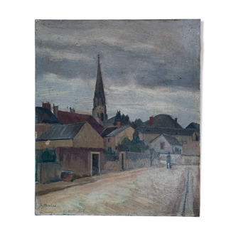 Old village painting and its church