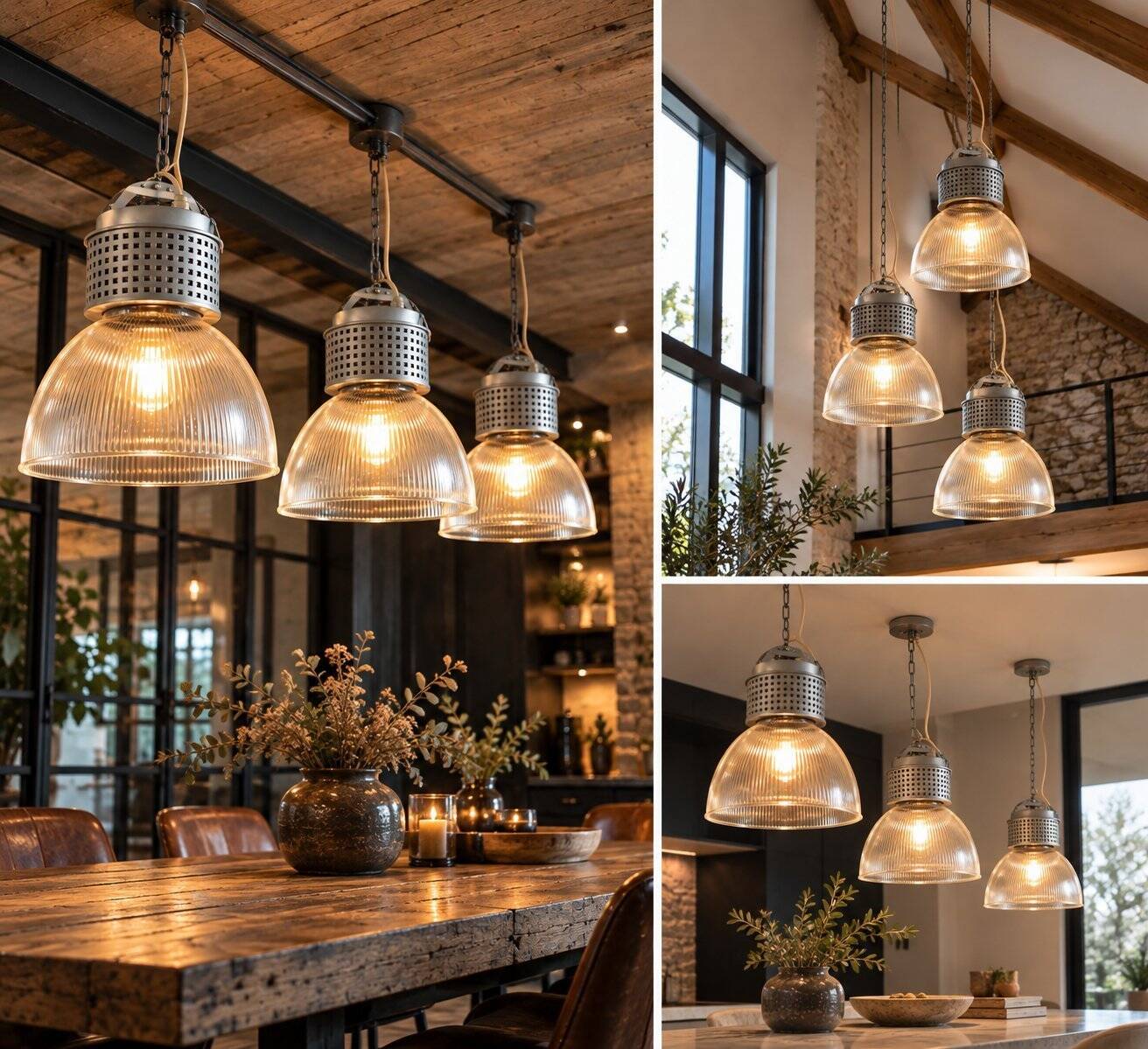 Set of 3 industrial pendants RZB Holophane glass - 1990s