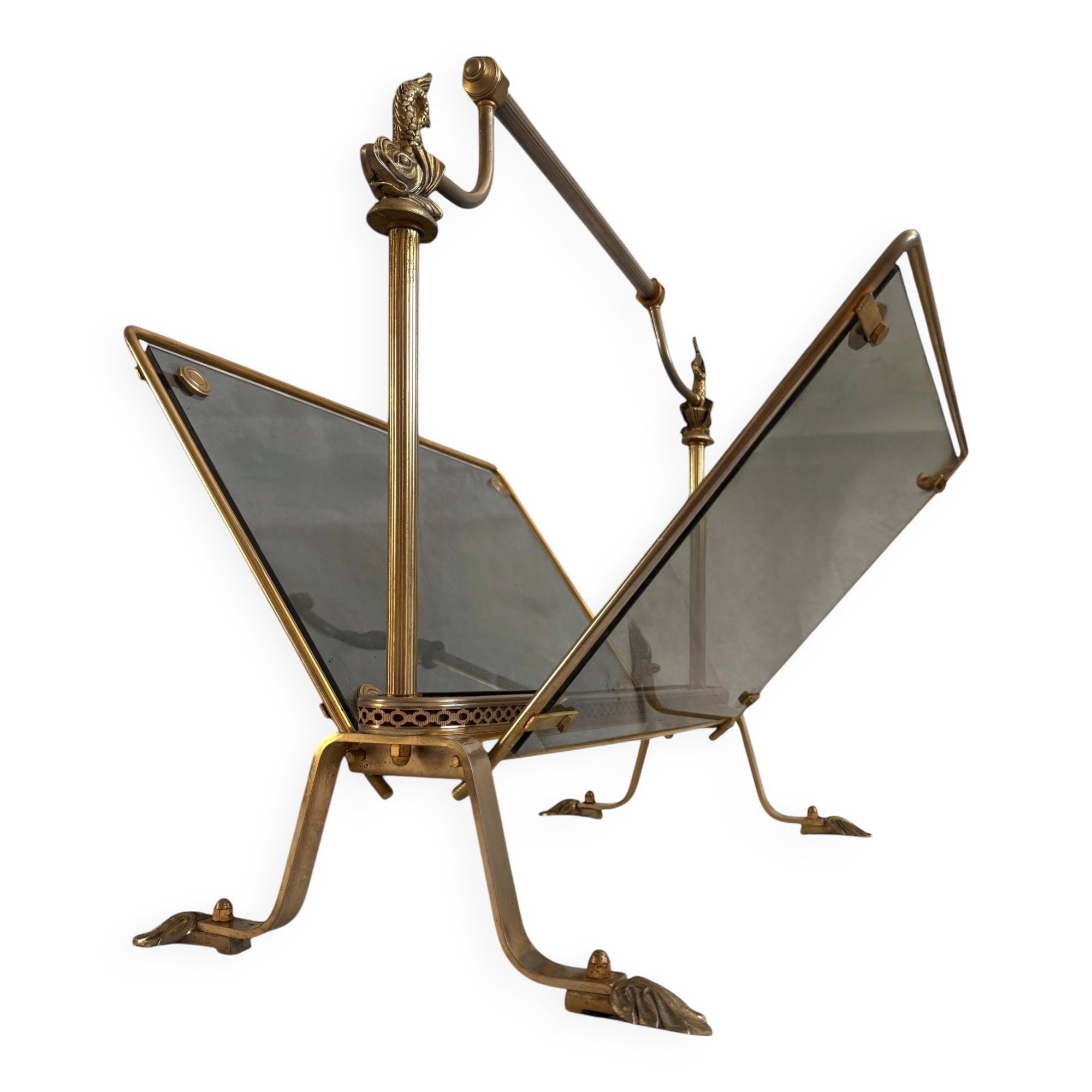 Magazine rack in brass and smoked glass, Maison Jansen style, 1950s