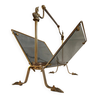 Magazine rack in brass and smoked glass, Maison Jansen style, 1950s