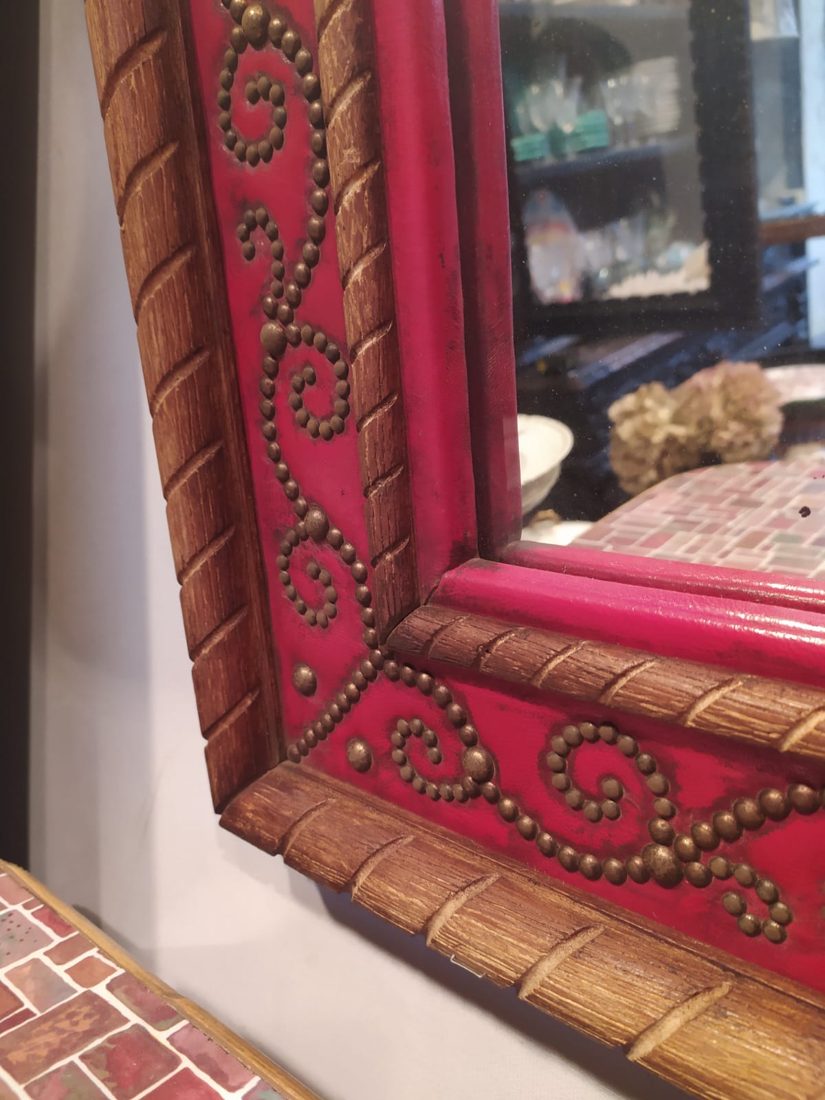 1950 wood and red leather studded mirror