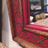 1950 wood and red leather studded mirror