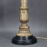 1940s Restored Brass Table Lamp with Wooden Base and Glass Shade