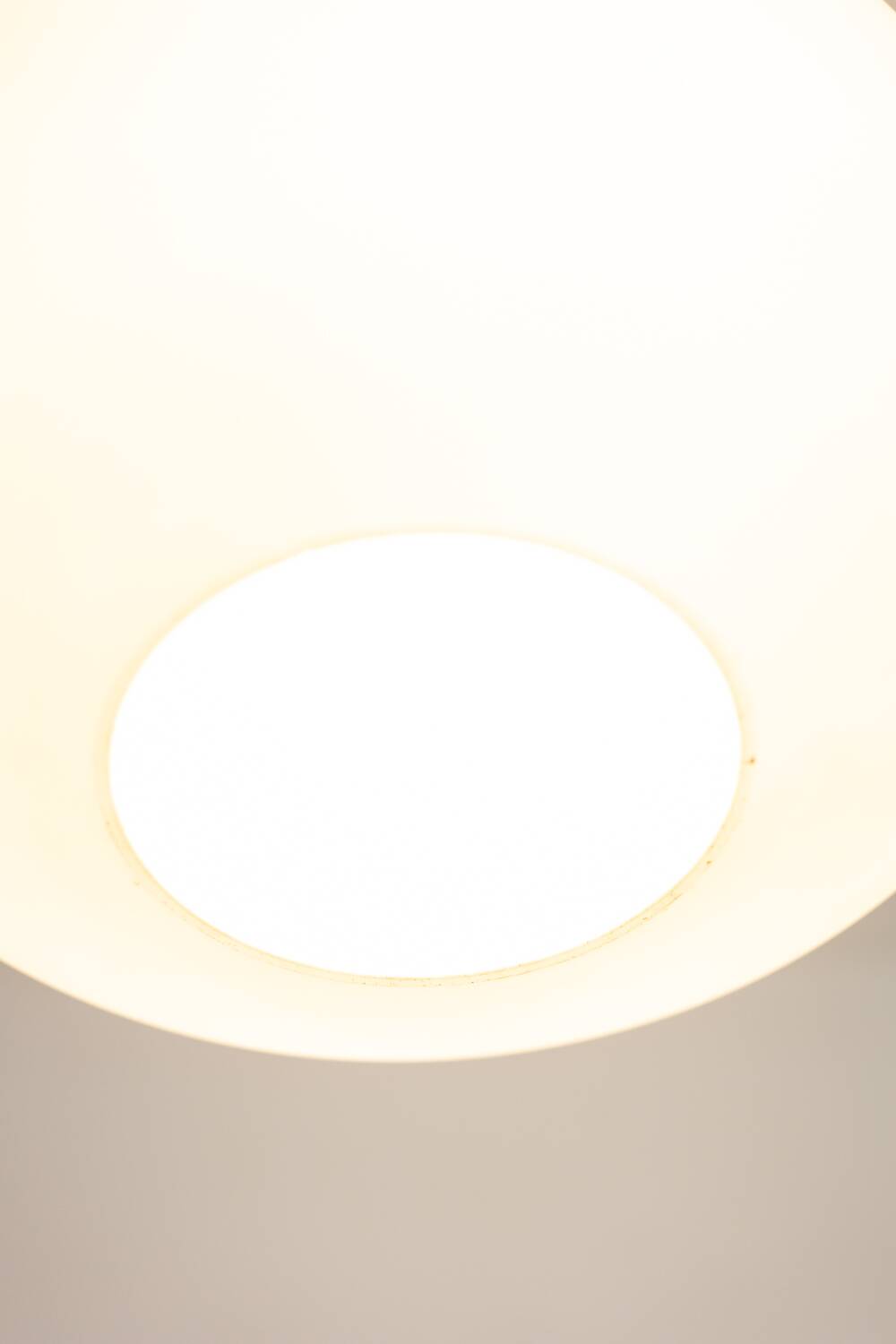 Pendant light in white opaline glass and blond mahogany. 1960s.