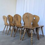Set of 8 Vintage Tyrolean Heart Cutout Wooden Dining Chairs / Darker Brown
