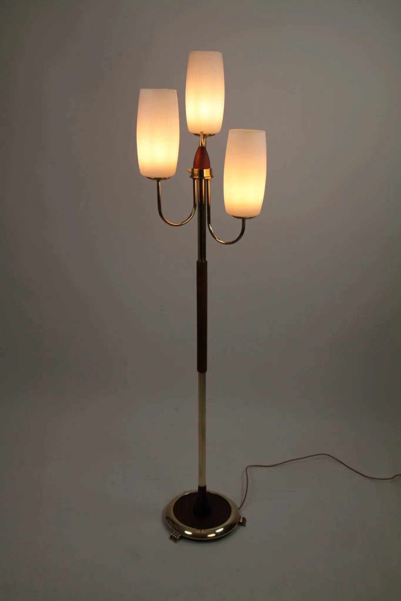 Brass & Teak Three-Light Candelabra Floor Lamp — Scandinavia, 1940s/1950s