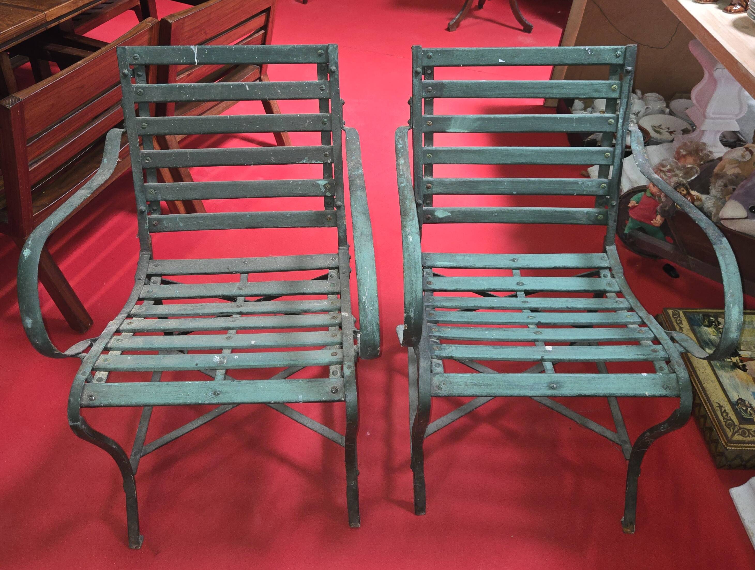 Pair of garden armchairs in wood and iron – Antique work from the late 19th century