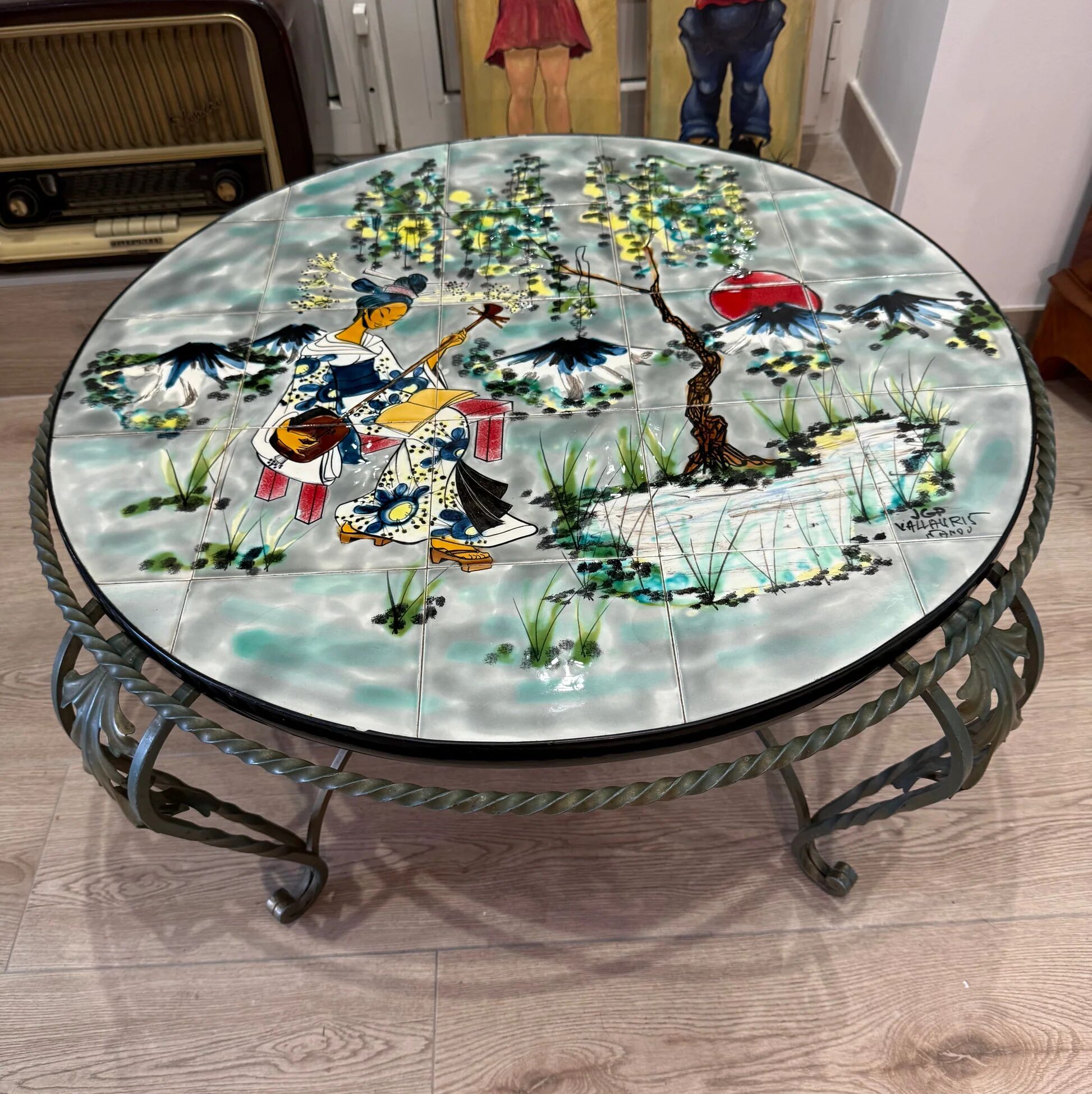 Vintage coffee table J&G Picard Vallauris – Glazed ceramic top with Japonese-style decoration