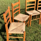 4 straw chairs in vintage pine wood 1980 1990