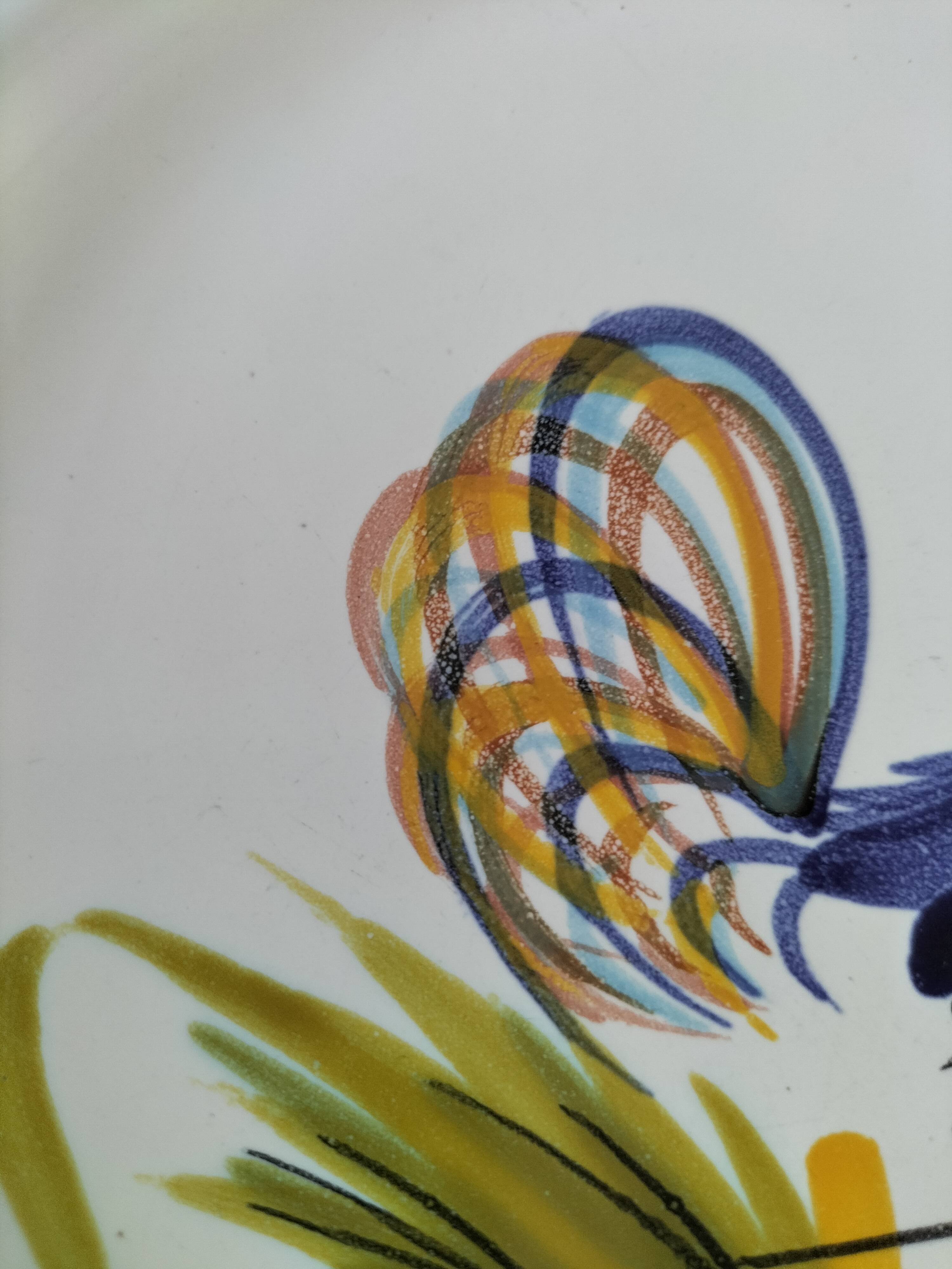 Hand-painted earthenware plate from Pornic, vintage rooster design