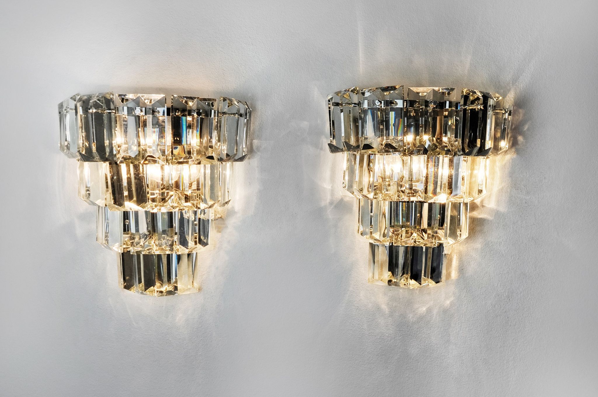 Pair of kinkeldey wall lamps, 4 levels, cut crystals germany, 1970