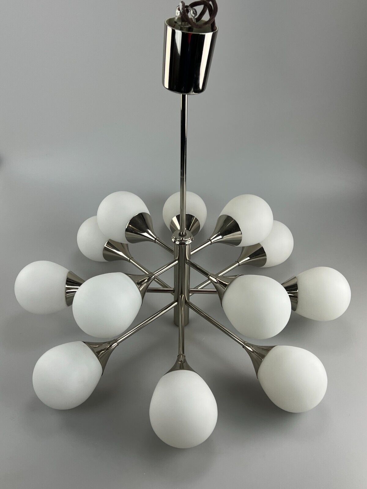 12-flame Sputnik chandelier from the 1960s and 1970s, Kaiser Leuchten, opal glass design
