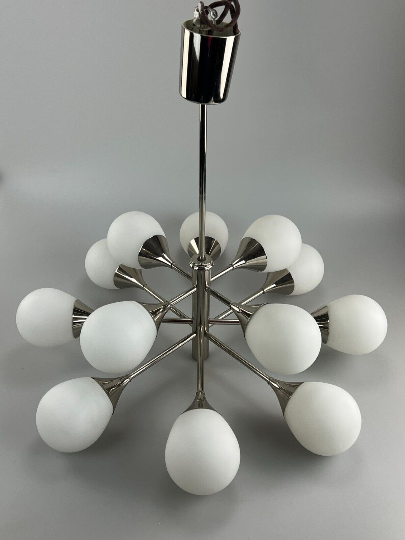 12-flame Sputnik chandelier from the 1960s and 1970s, Kaiser Leuchten, opal glass design