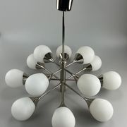 12-flame Sputnik chandelier from the 1960s and 1970s, Kaiser Leuchten, opal glass design