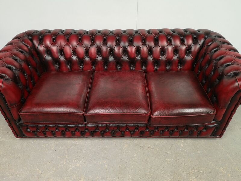 Sofa chesterfield burgundy leather three seater bamboo
