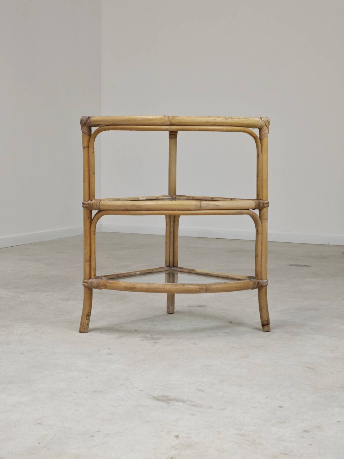 Rattan and glass corner shelf 1970