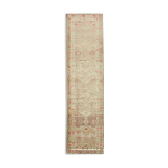 Hand-Knotted Decorative Turkish Beige Runner Carpet 89 cm x 334 cm