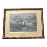 Watercolor by the painter Henri Jobert (1873 - ?), Landscape by Moonlight.