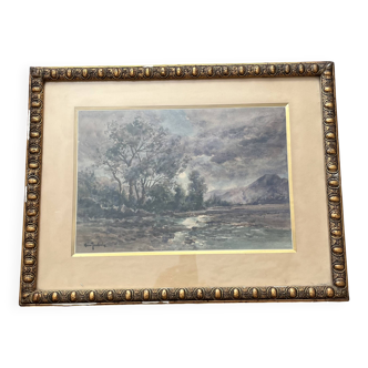 Watercolor by the painter Henri Jobert (1873 - ?), Landscape by Moonlight.