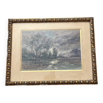 Watercolor by the painter Henri Jobert (1873 - ?), Landscape by Moonlight.