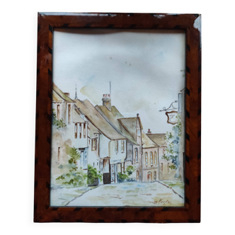 Original framed watercolor, village scene with houses, signed