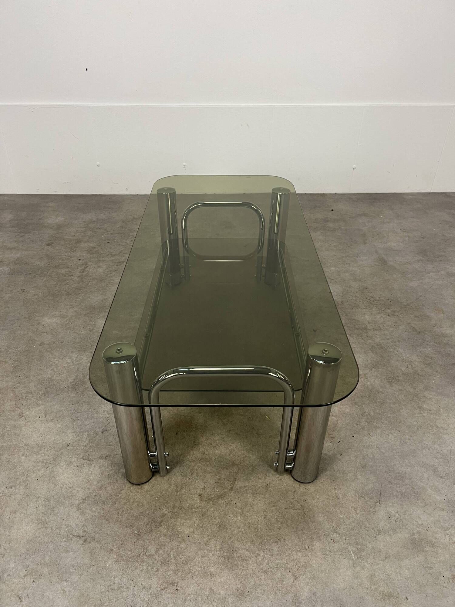 Chrome metal and smoked glass coffee table, 70s