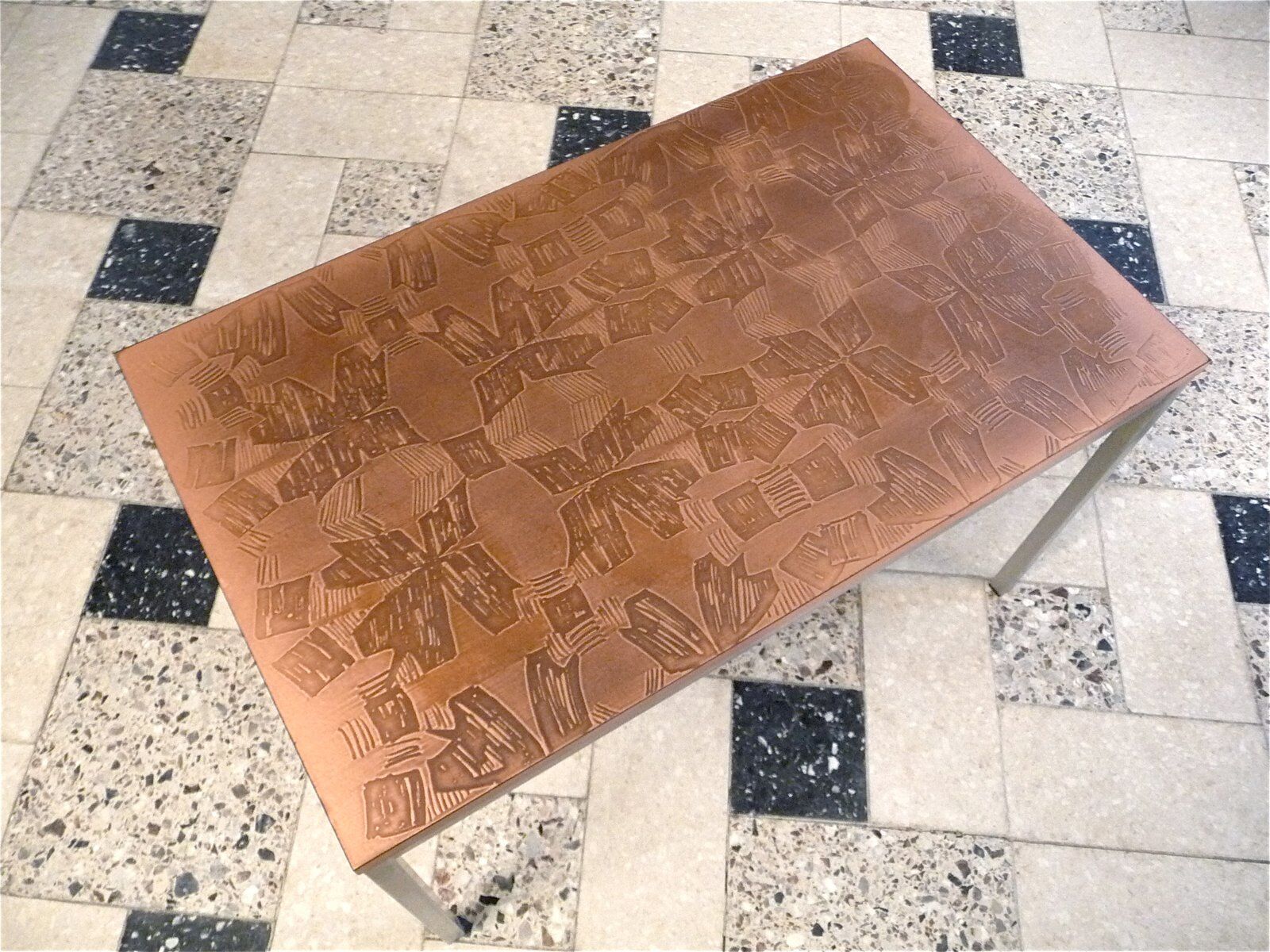 Copper side table with abstract relief from Opal Möbel, West-Germany 1960s